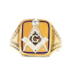 Freemason Ring | 14K Yellow Gold Enamel Diamond Freemason Man's Pinky Ring